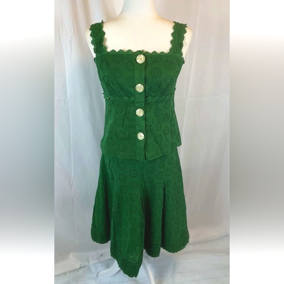 Oscar de la renta Green Eyelet Skirt Tank Top 2 Pc Set Woman’s Size 4 VTG 90’s - Picture 1 of 15